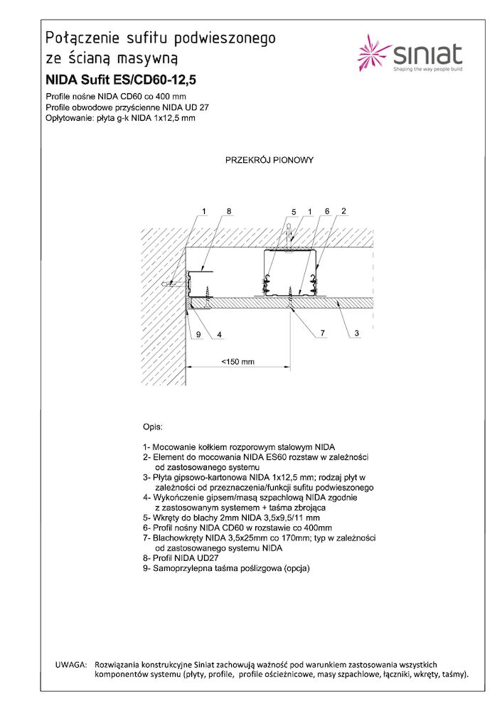 Nida Sufit ES-CD60-12,5. Połączenie sufitu podwieszonego ze ścianą masywną.