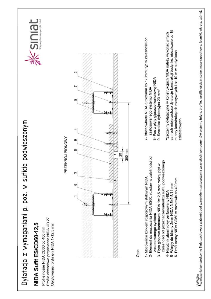 Nida Sufit ES-CD60-12,5. Dylatacja z wymaganiami ppoż. w suficie podwieszonym.