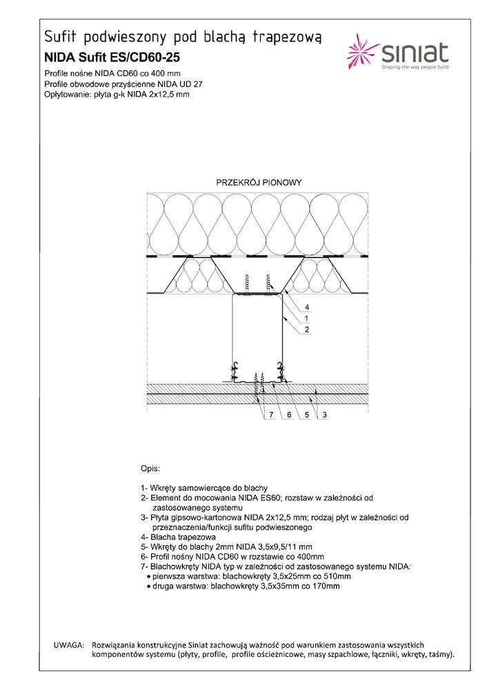 Nida Sufit ES-CD60-25. Sufit podwieszony pod blachą trapezową.