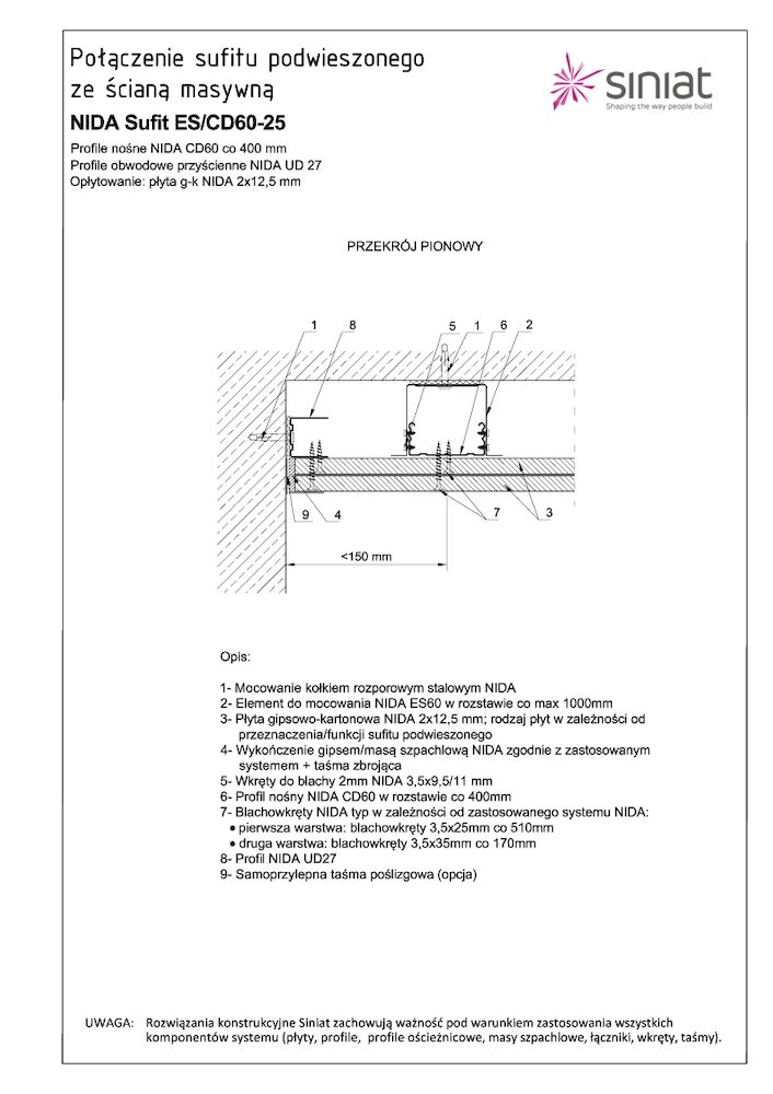 Nida Sufit ES-CD60-25. Połączenie sufitu podwieszonego ze ścianą masywną.