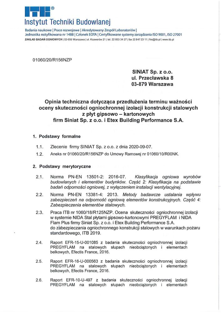 Klasyfikacja ogniowa ITB-1060-18-R125NZP-2019 do zabezpieczania ogniochronnego konstrukcji stalowych w warunkach pożaru standardowego w systemach PREGYFLAM Nida Flam Plus.