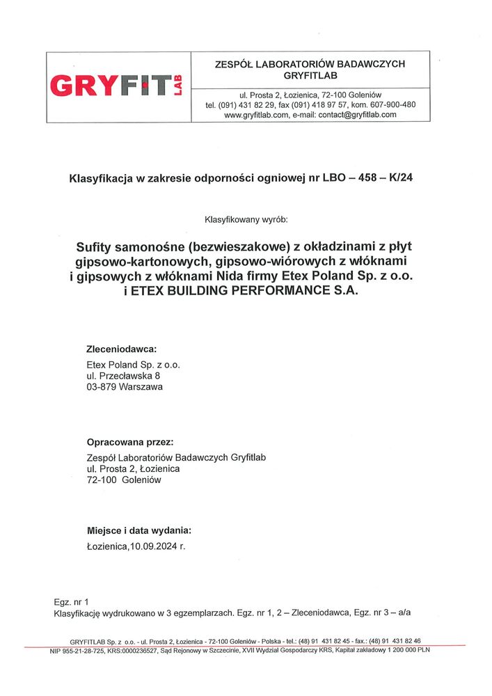 Sufity samonośne z okładzinami z płyt gipsowo-kartonowych, gipsowo-wiórowych z włóknami i gipsowych z  włóknami Nida. Klasyfikacja ogniowa systemu sufitów samonośnych LBO-458-K/20.