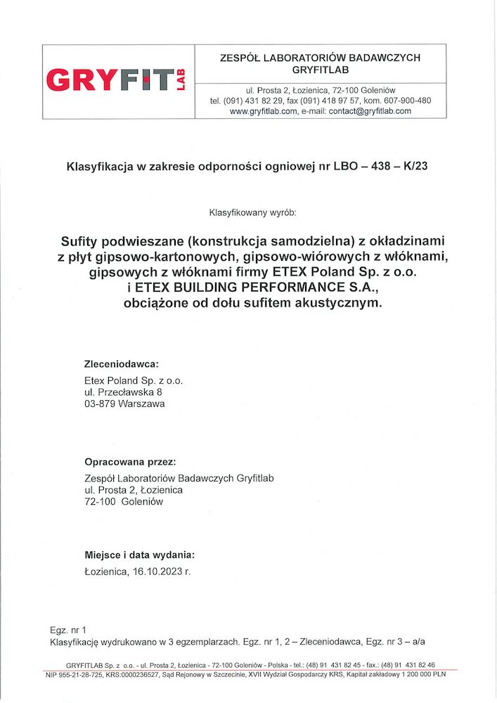 Sufity podwieszane z płyt Nida (R)EI15-(R)EI120, obciążone od dołu sufitem akustycznym [LBO -438-K/20].