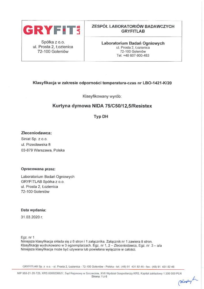 Stałe kurtyny dymowe (SSB) DH60. Klasyfikacja ogniowa kurtyn dymowych z płyt Resistex [typ DFH2IR] - LBO-1421-K/20.