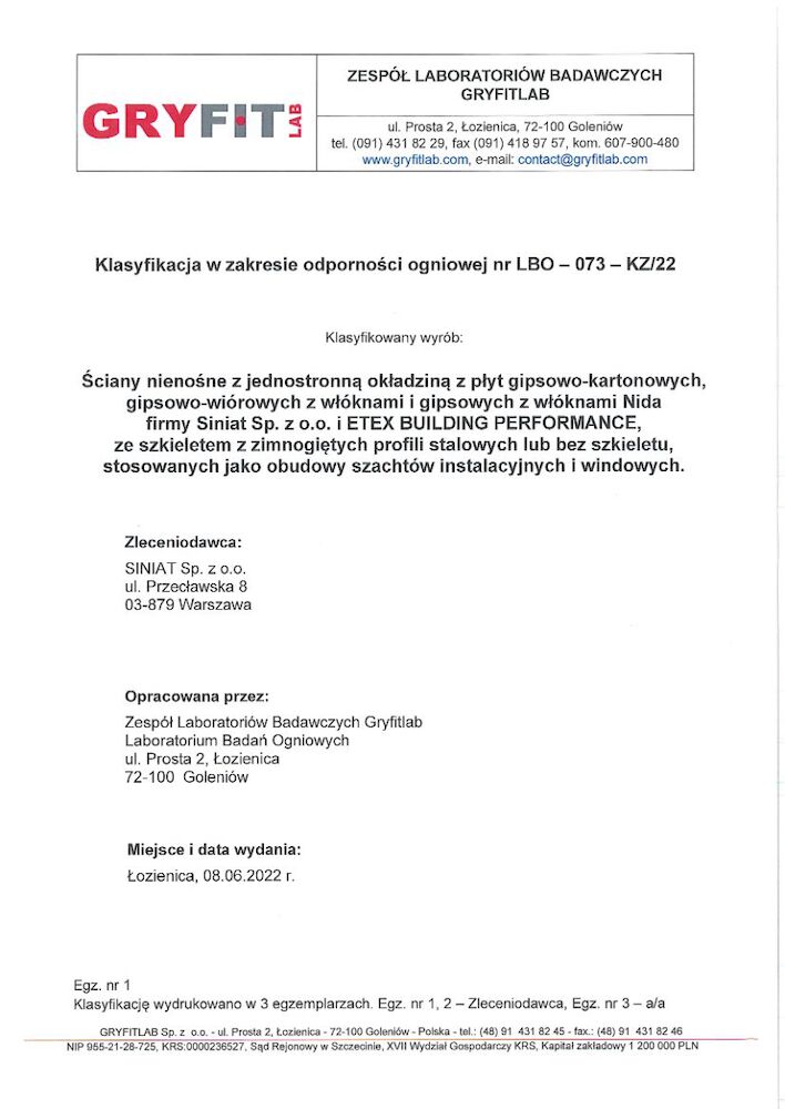 Klasyfikacja ogniowa dla ścian szachtowych i obudów szybów windowych LBO-073-KZ/22.