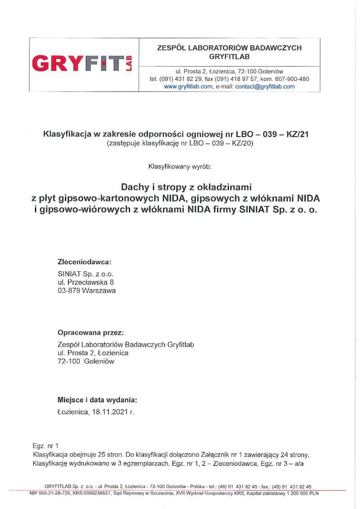 Klasyfikacja w zakresie odporności ogniowej dla stropów i dachów z okładzinami z płyt kartonowo-gipsowych i gipsowych Nida