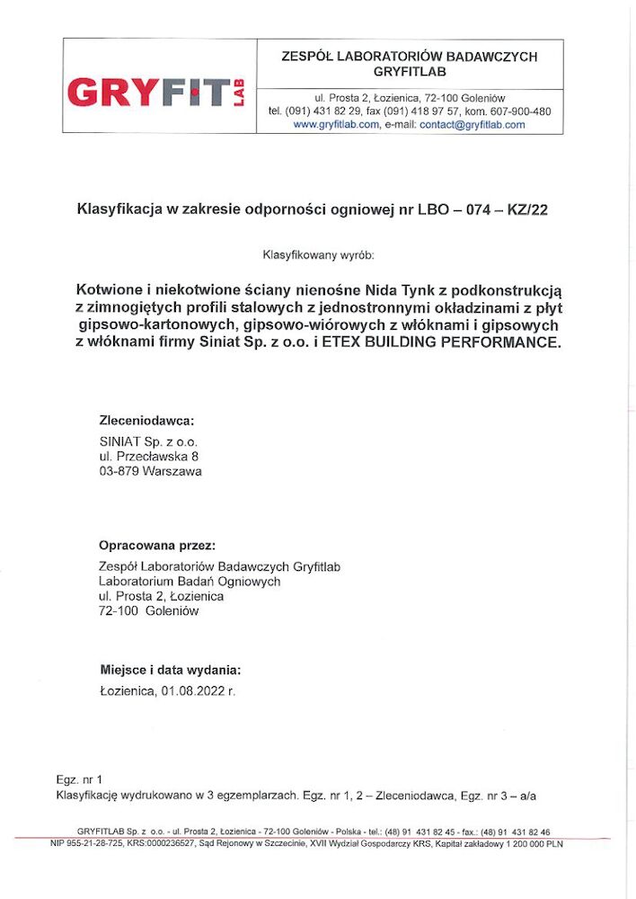 Okładziny ścienne i przedścianki z płyt gipsowo-kartonowych, gipsowo-wiórowych i gipsowych z włóknami Nida. Klasyfikacja ogniowa LBO-074-KZ/22.