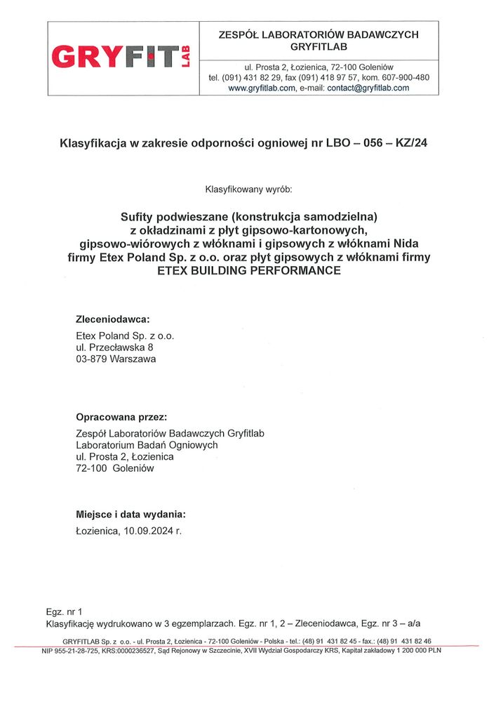 Sufity podwieszane i okładziny sufitowe z okładzinami płyt g-k Nida i płyt Promatect 100X (REI15-REI120) – LBO-056-KZ/20