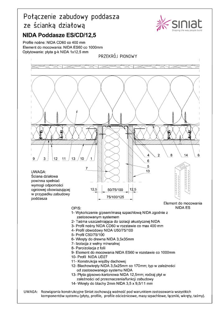 Nida Poddasze ES-CD-12.5 połączenie zabudowy ze ścianą działową