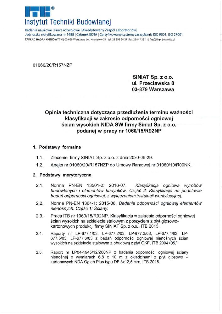 Ściany działowe wysokie z płyt gipsowo-kartonowych: REI60-REI120. Klasyfikacja ogniowa ścian działowych wysokich z płyt g-k Nida Ogień Plus - ITB 1060/15/R92NP.