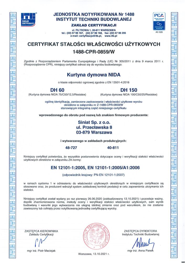 Kurtyny Dymowe Nida. Certyfikat stałości właściwości użytkowych.