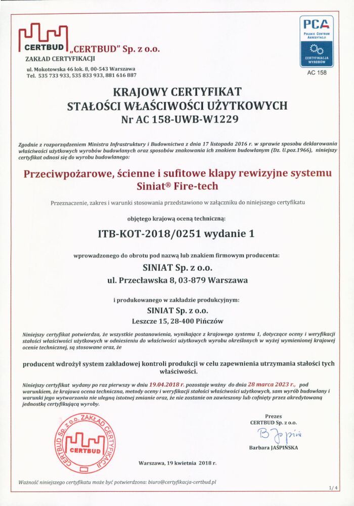 Krajowy Certyfikat Stałości Właściwości Użytkowych Nr AC 158-UWB-W1229. Ścienne i sufitowe klapy klapy rewizyjne Siniat® Fire-tech.